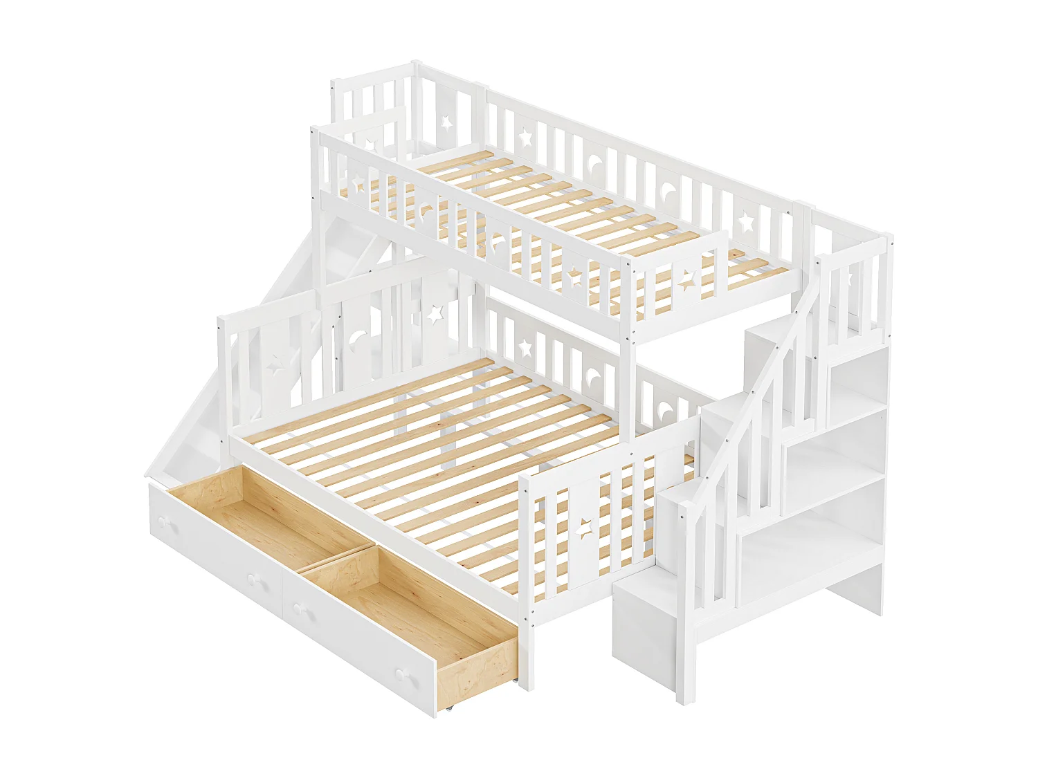 Cama infantil 90*200/140*200 cm, beliche em madeira maciça com escorrega e prateleira com degraus de segurança, duas gavetas grandes e estrutura de ripas, branco