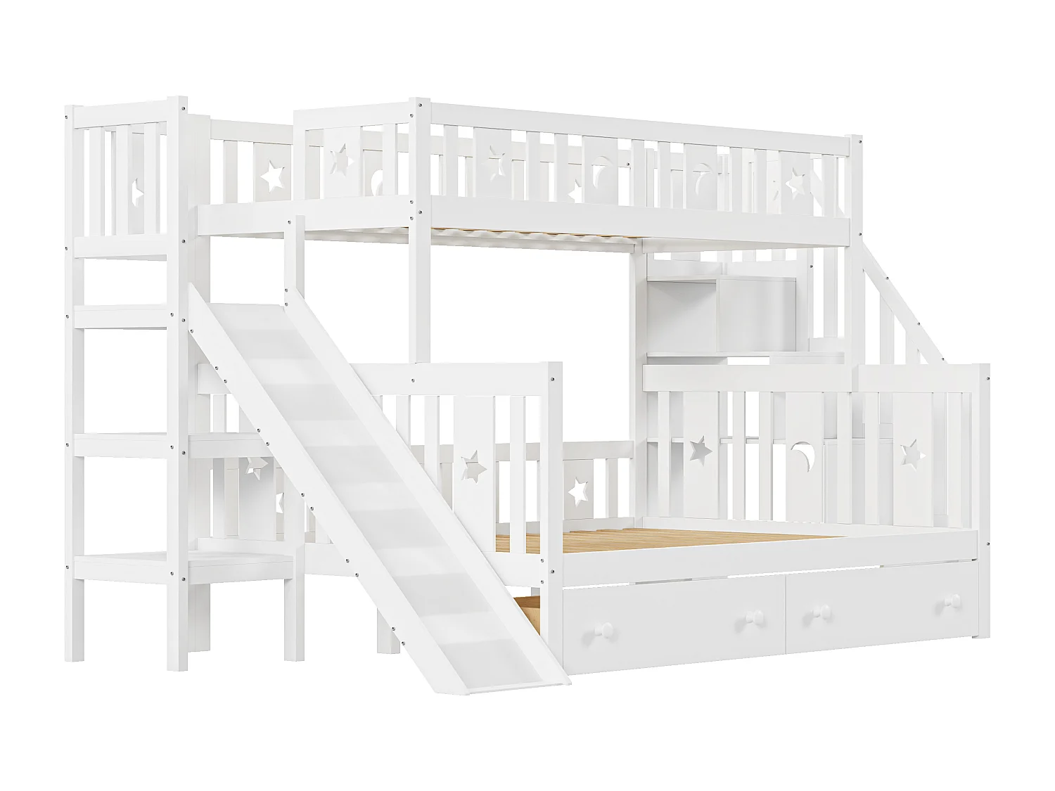 Cama infantil 90*200/140*200 cm, beliche em madeira maciça com escorrega e prateleira com degraus de segurança, duas gavetas grandes e estrutura de ripas, branco