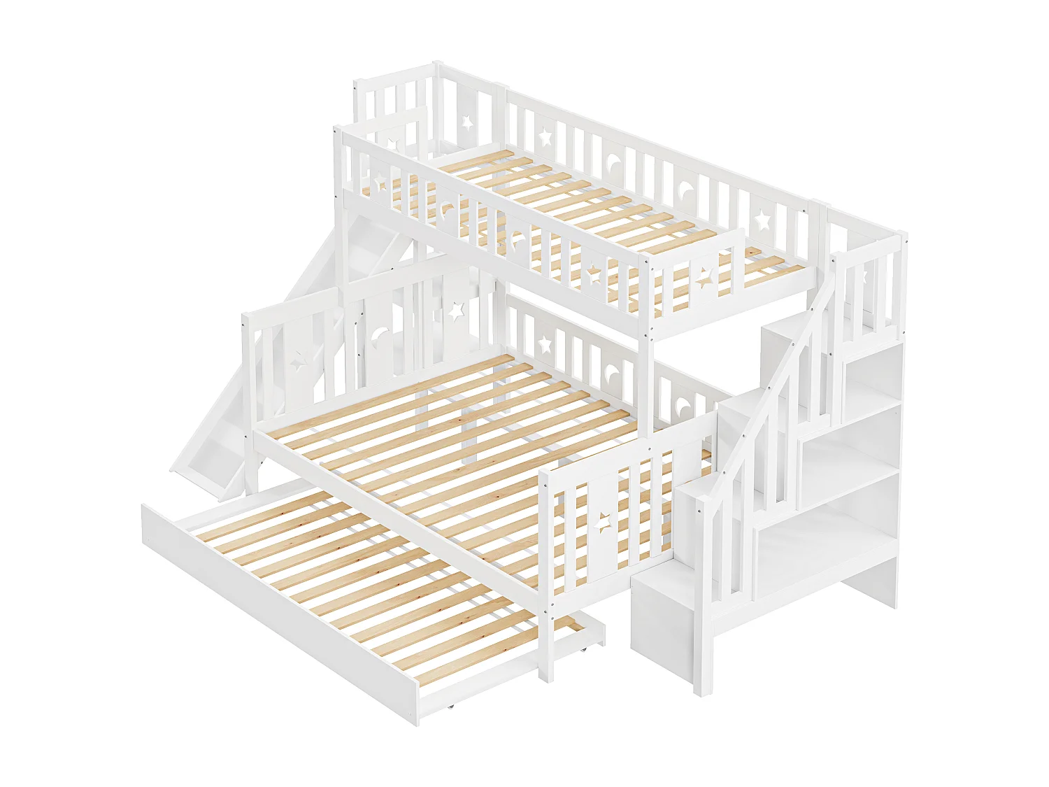 Kinderbett 90*200/140*200 cm, Massivholz-Etagenbett mit Rutsche und Regal mit Sicherheitsstufen, Rollbett und Lattenrost, weiß