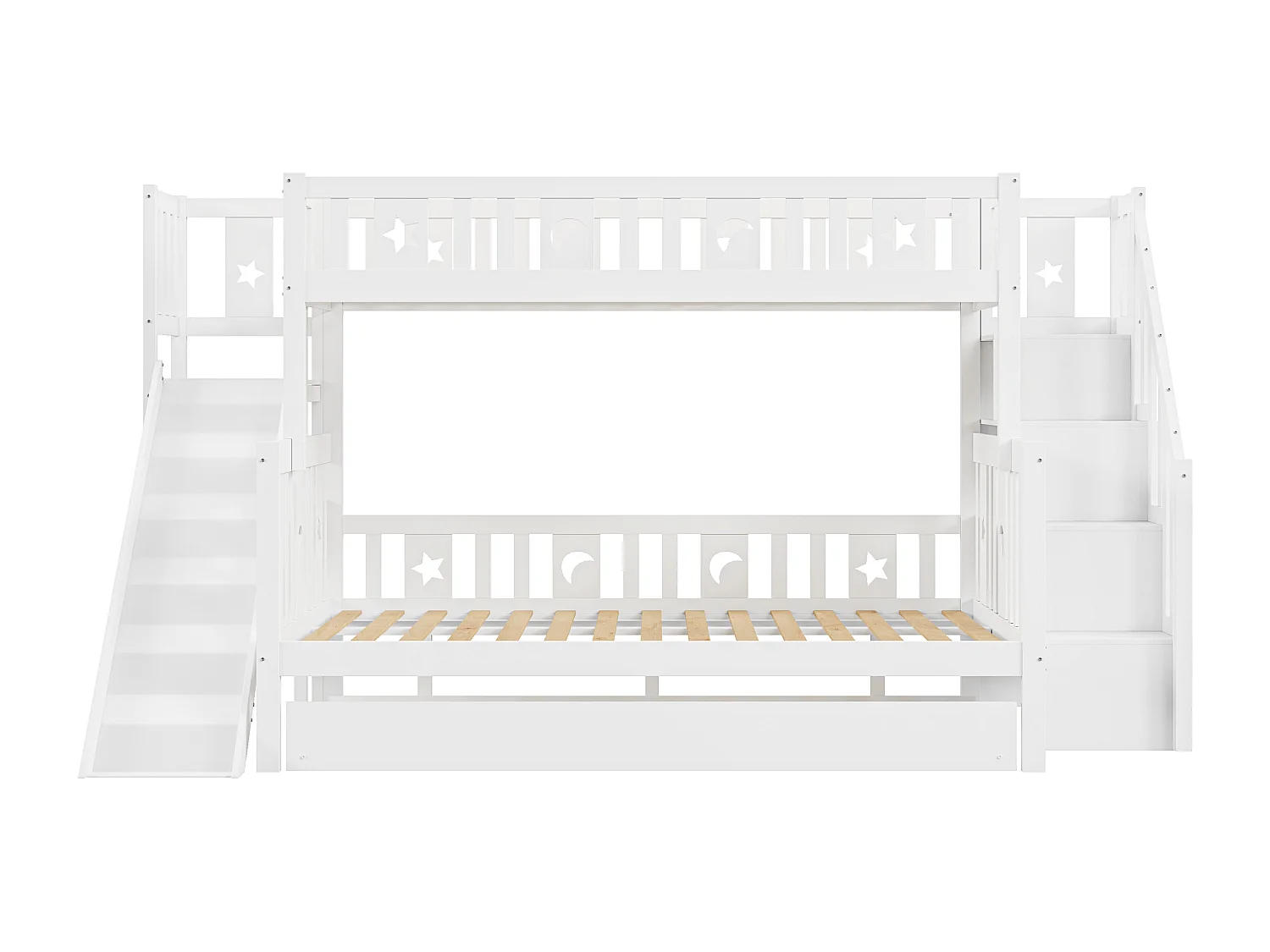 Kinderbett 90*200/140*200 cm, Massivholz-Etagenbett mit Rutsche und Regal mit Sicherheitsstufen, Rollbett und Lattenrost, weiß