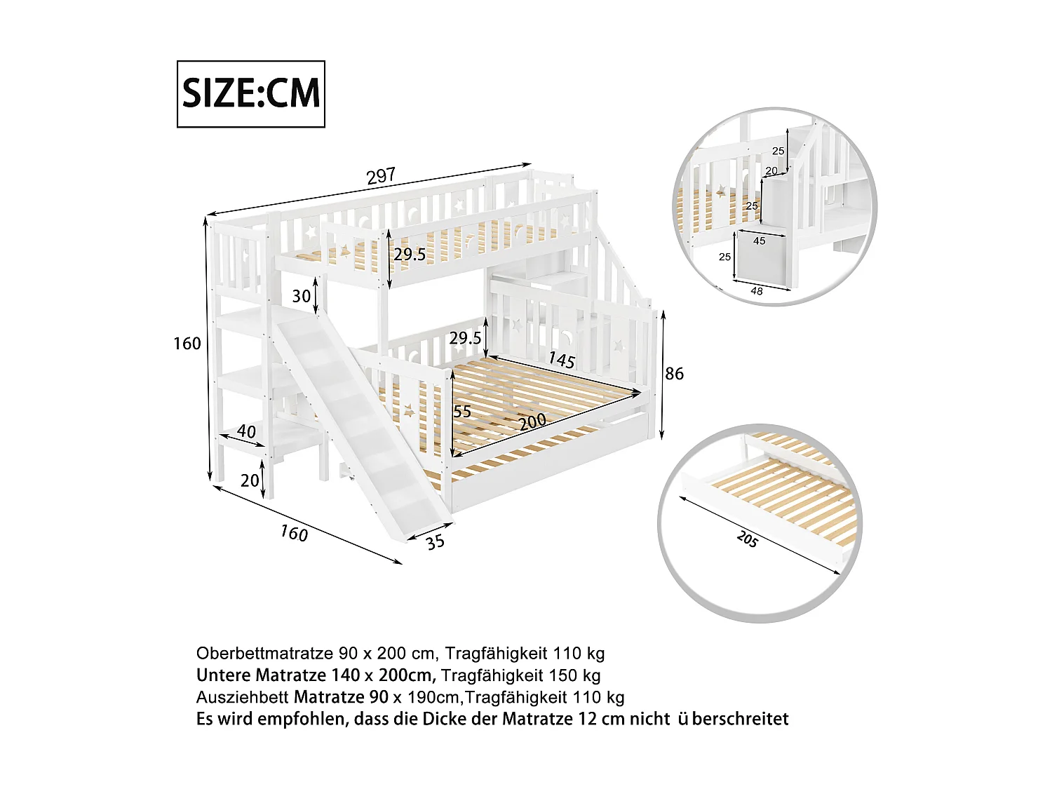 Kinderbett 90*200/140*200 cm, Massivholz-Etagenbett mit Rutsche und Regal mit Sicherheitsstufen, Rollbett und Lattenrost, weiß