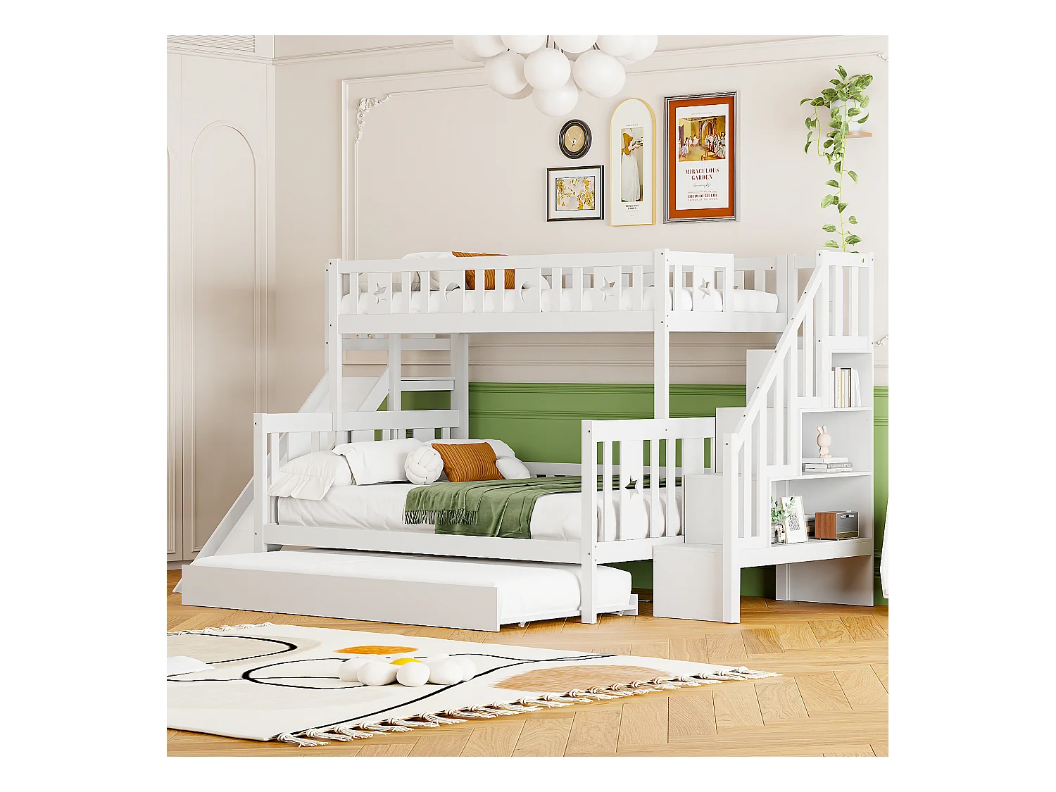 Lit enfant 90*200/140*200 cm, lit superposé en bois massif avec toboggan et étagère avec marches de sécurité, lit gigogne et sommier à lattes, blanc
