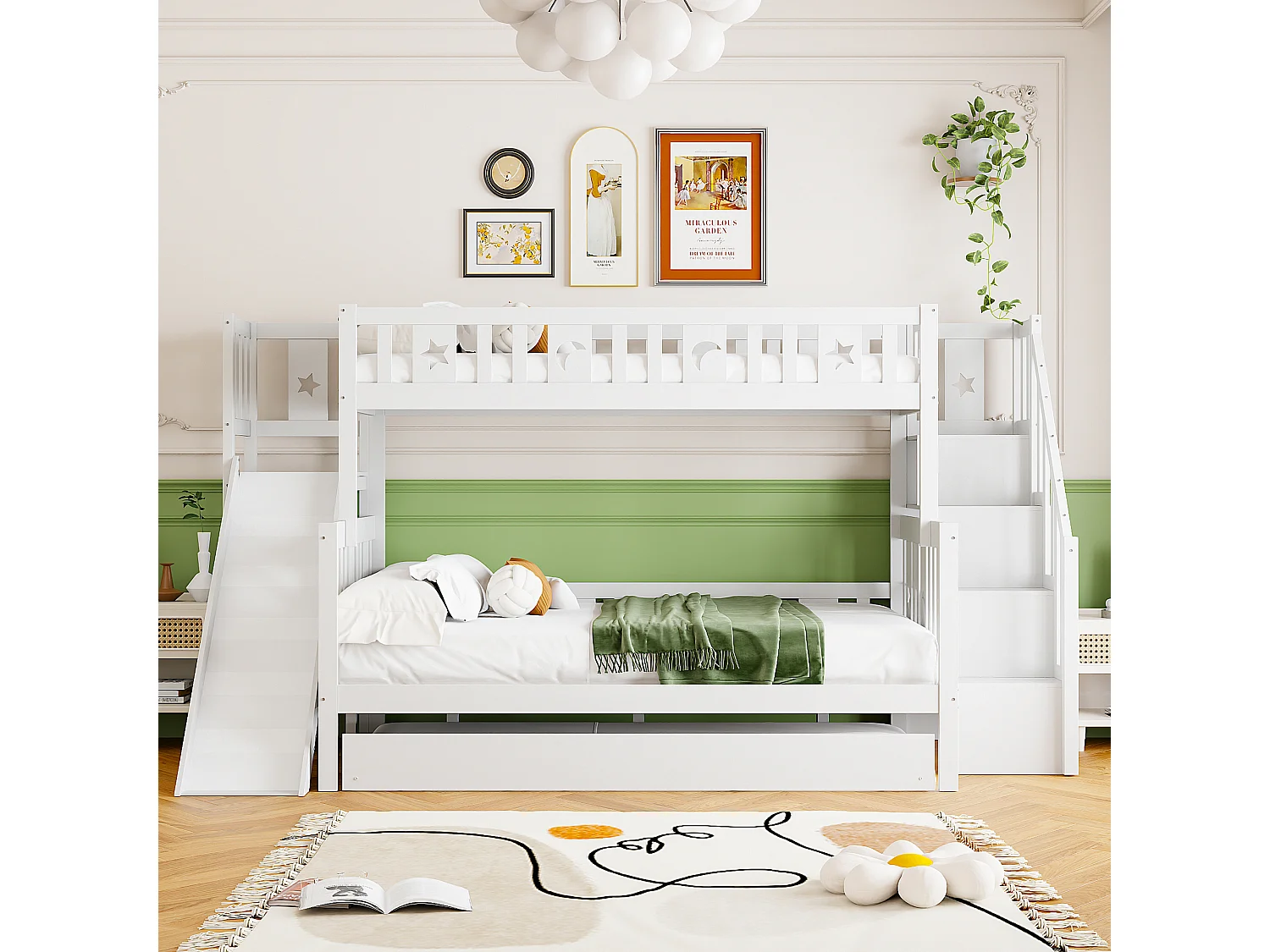 Letto per bambini 90*200/140*200 cm, letto a castello in legno massello con scivolo e ripiano con gradini di sicurezza, letto estraibile e rete a doghe, bianco