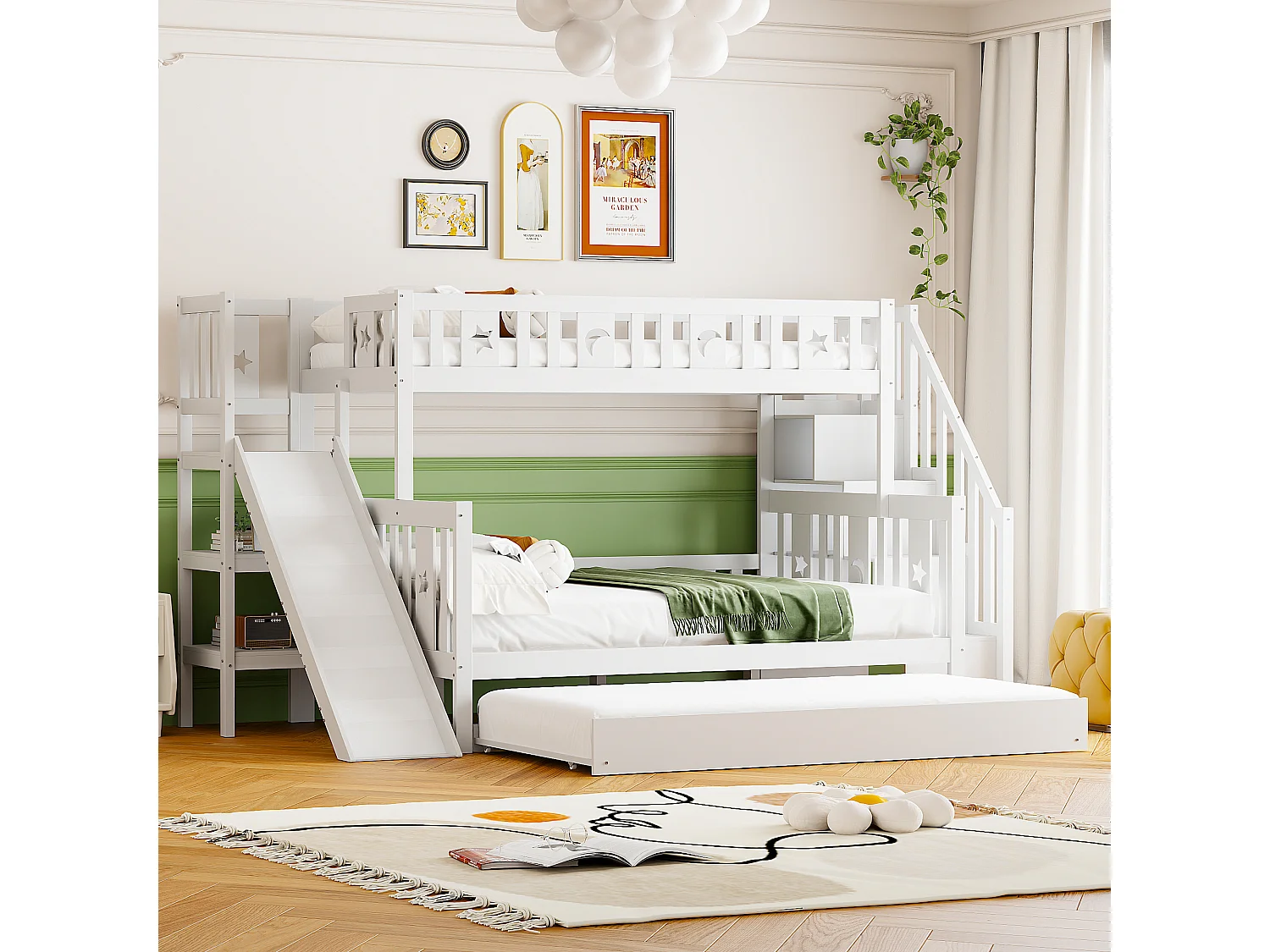 Letto per bambini 90*200/140*200 cm, letto a castello in legno massello con scivolo e ripiano con gradini di sicurezza, letto estraibile e rete a doghe, bianco