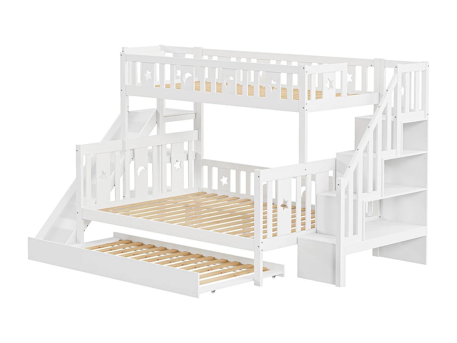 Letto per bambini 90*200/140*200 cm, letto a castello in legno massello con scivolo e ripiano con gradini di sicurezza, letto estraibile e rete a doghe, bianco