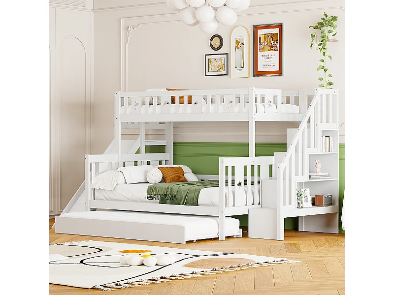 Kinderbett 90*200/140*200 cm, Massivholz-Etagenbett mit Rutsche und Regal mit Sicherheitsstufen, Rollbett und Lattenrost, weiß