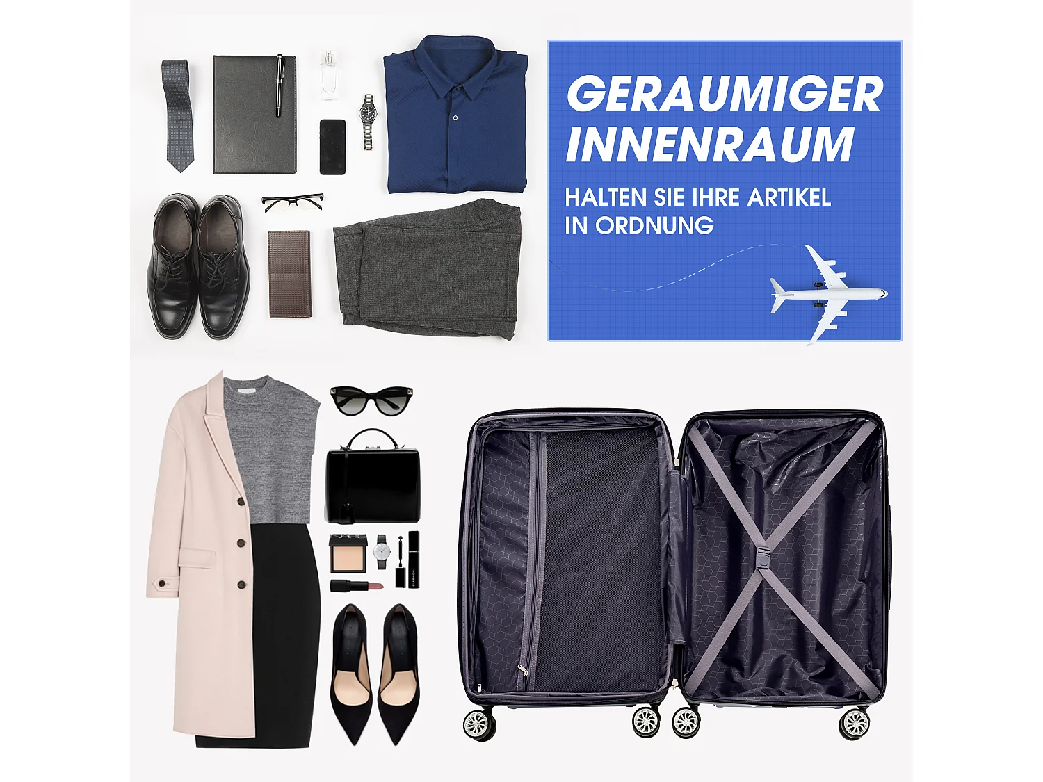 Bagagem de mão rígida, mala com cadeado TSA e rodas universais, expansível, pega lateral, conjunto de 3 peças