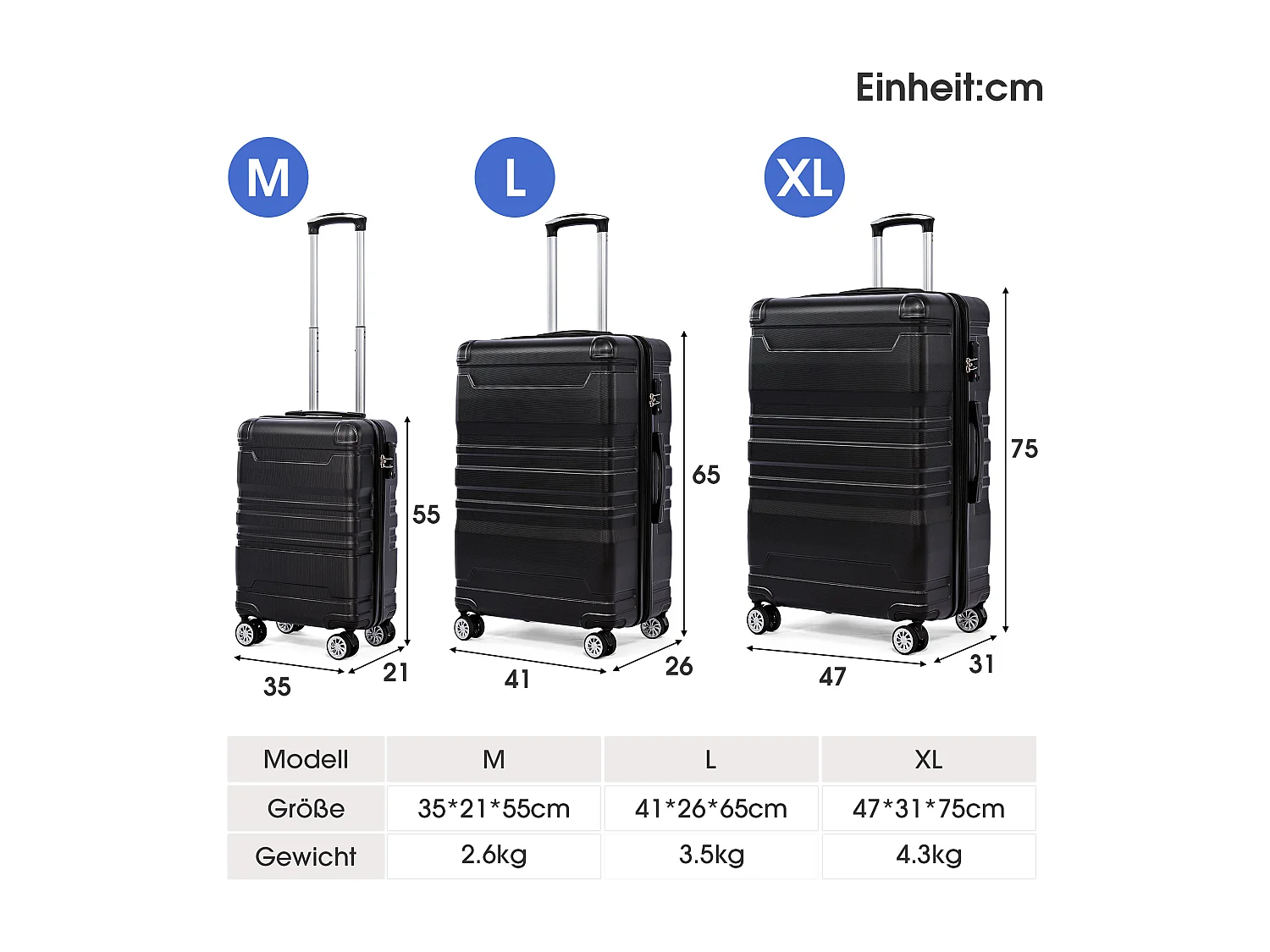 Bagagem de mão rígida, mala com cadeado TSA e rodas universais, expansível, pega lateral, conjunto de 3 peças