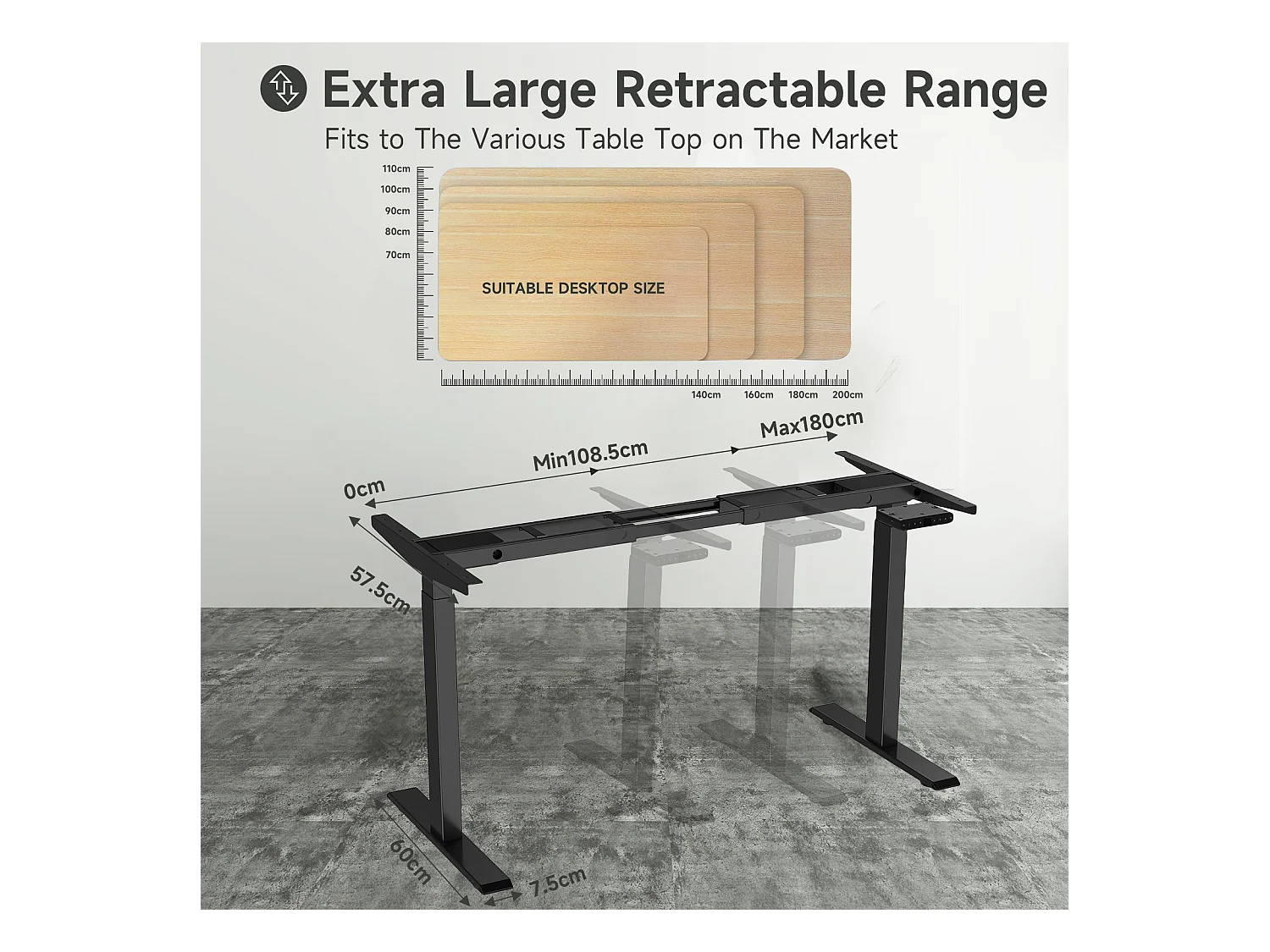 Bureau debout réglable en hauteur pour bureau à domicile, deux moteurs, bureau d'ordinateur debout électrique 58x180cm avec 4 préférences de mémoire, ports USB