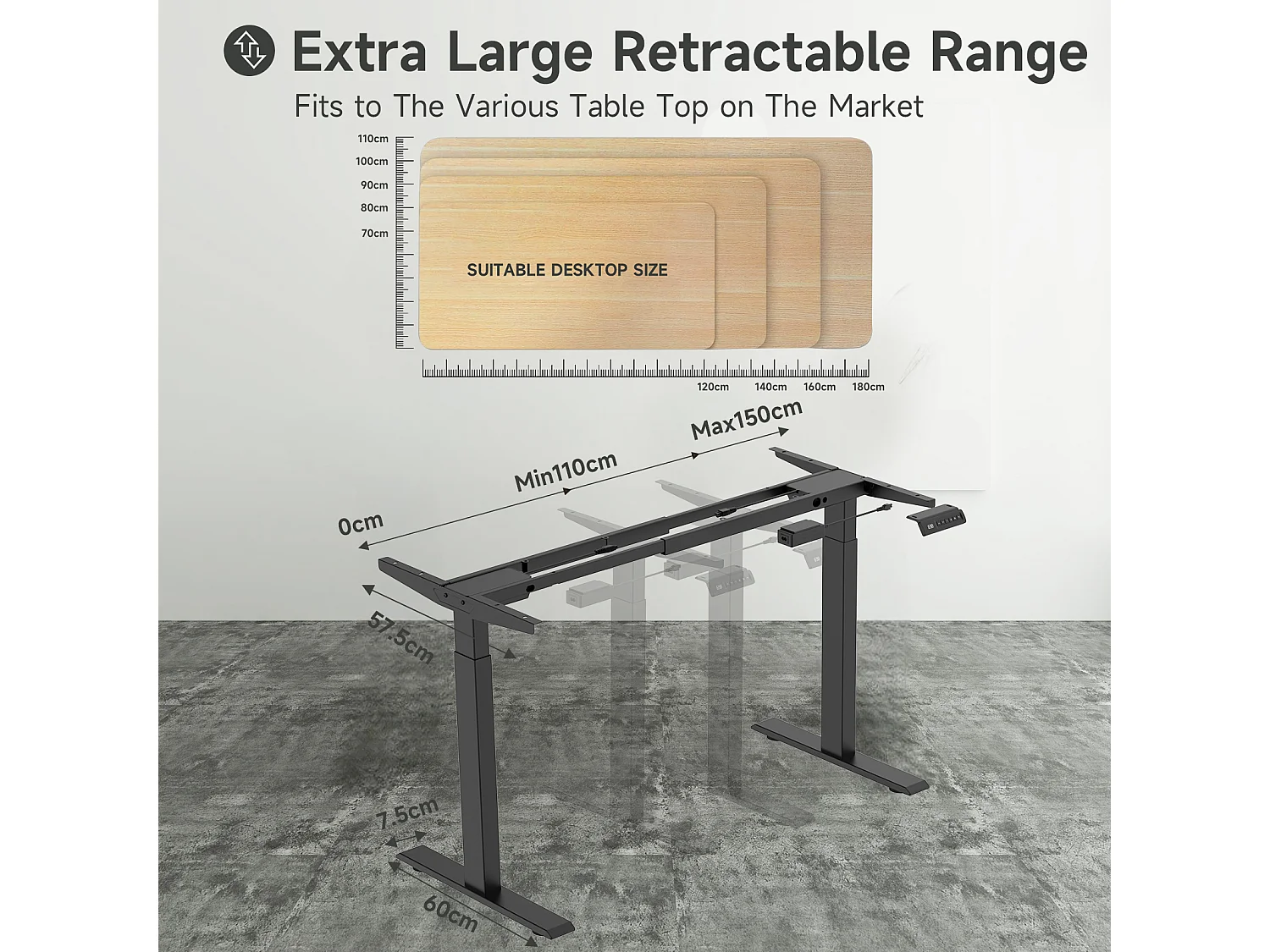 Mesa de pé ajustável em altura para escritório em casa, motores duplos, mesa de computador elétrica de pé de 58 x 180 cm com 4 preferências de memória