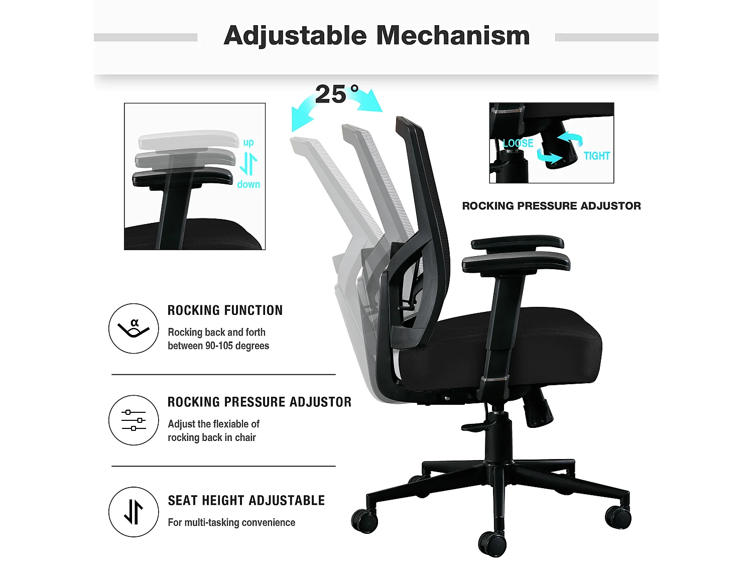 Bureaustoel Ergonomisch 200KG Bureaustoel, Hoge Rug Ergonomische Stoel Draaistoel heeft 2D Verstelbare Lendensteun, 105° Schommelende Computerstoel Mesh Stoel