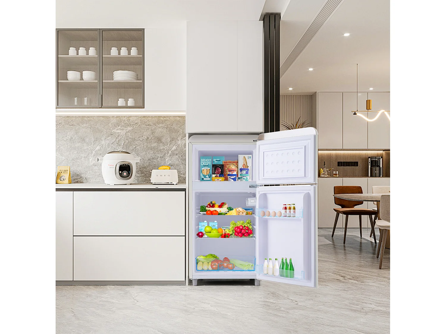 Frigorífico retro, frigorífico de doble puerta superior e inferior, volumen total de 72 litros, con volumen de congelador de 21 litros, 120 kWh/año, luz LED