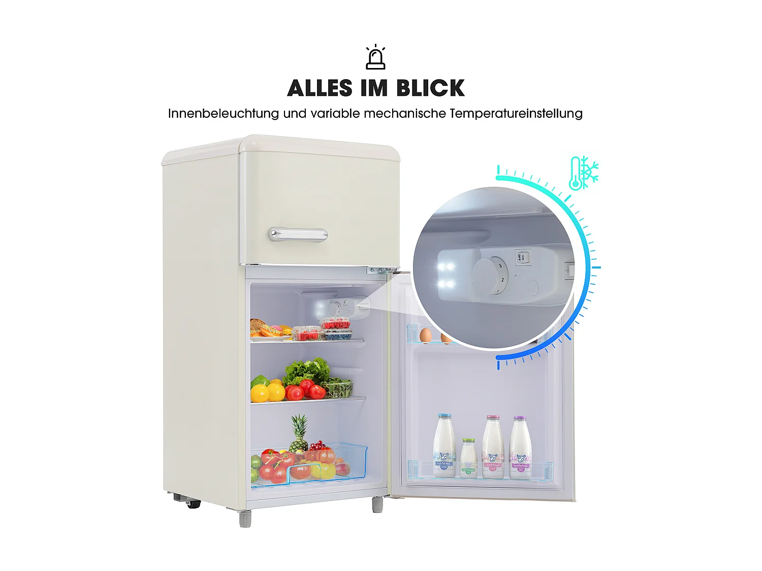 Frigorífico retro, frigorífico de doble puerta superior e inferior, volumen total de 72 litros, con volumen de congelador de 21 litros, 120 kWh/año, luz LED