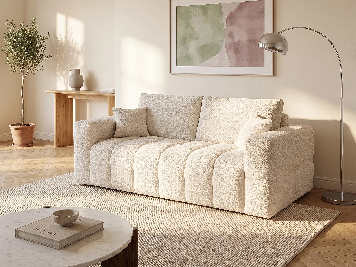 Canapé 3 places convertible express en tissu bouclette beige - Couchage 140 cm - Matelas 13 cm ISSORO