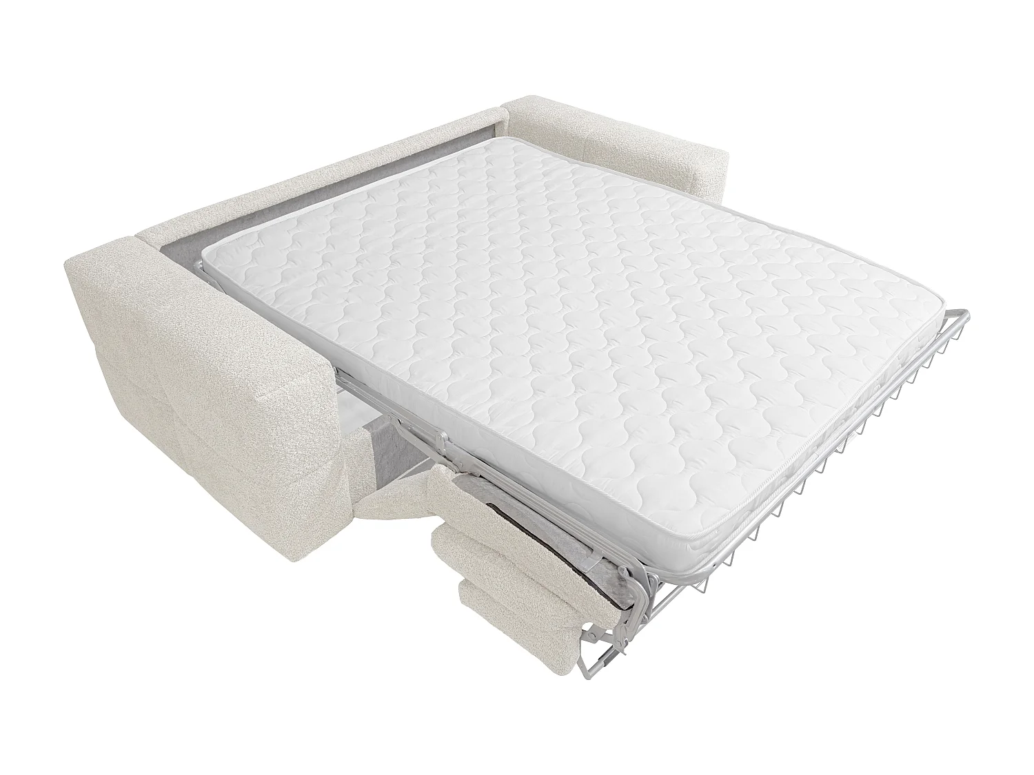 3 sits bäddsoffa beige bouclé tyg bädd 160 cm madrass 13 cm med snabbomvandling ISSORO