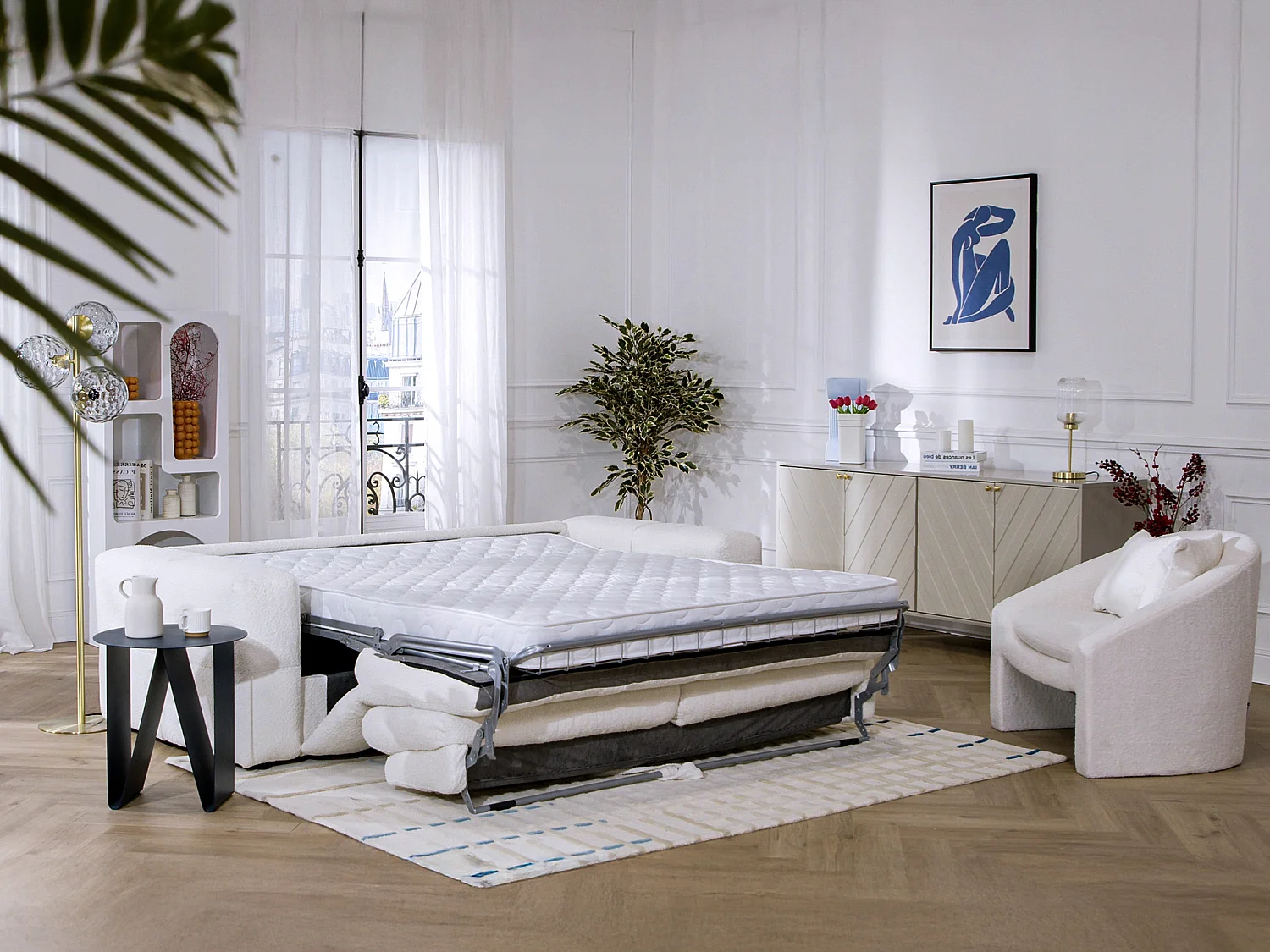 3 sits bäddsoffa beige bouclé tyg bädd 140 cm madrass 13 cm med snabbomvandling ISSORO