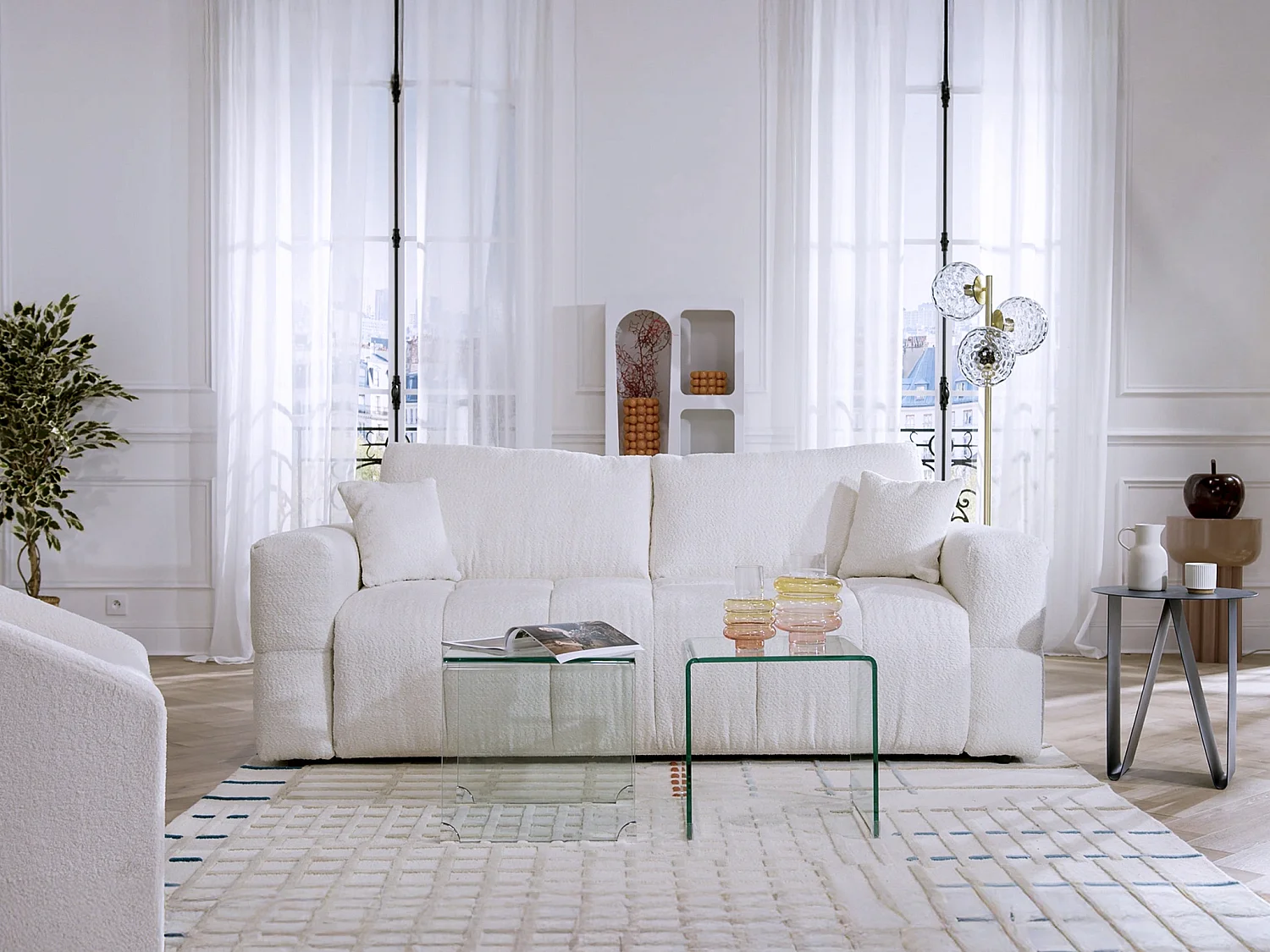 3 sits bäddsoffa beige bouclé tyg bädd 140 cm madrass 13 cm med snabbomvandling ISSORO