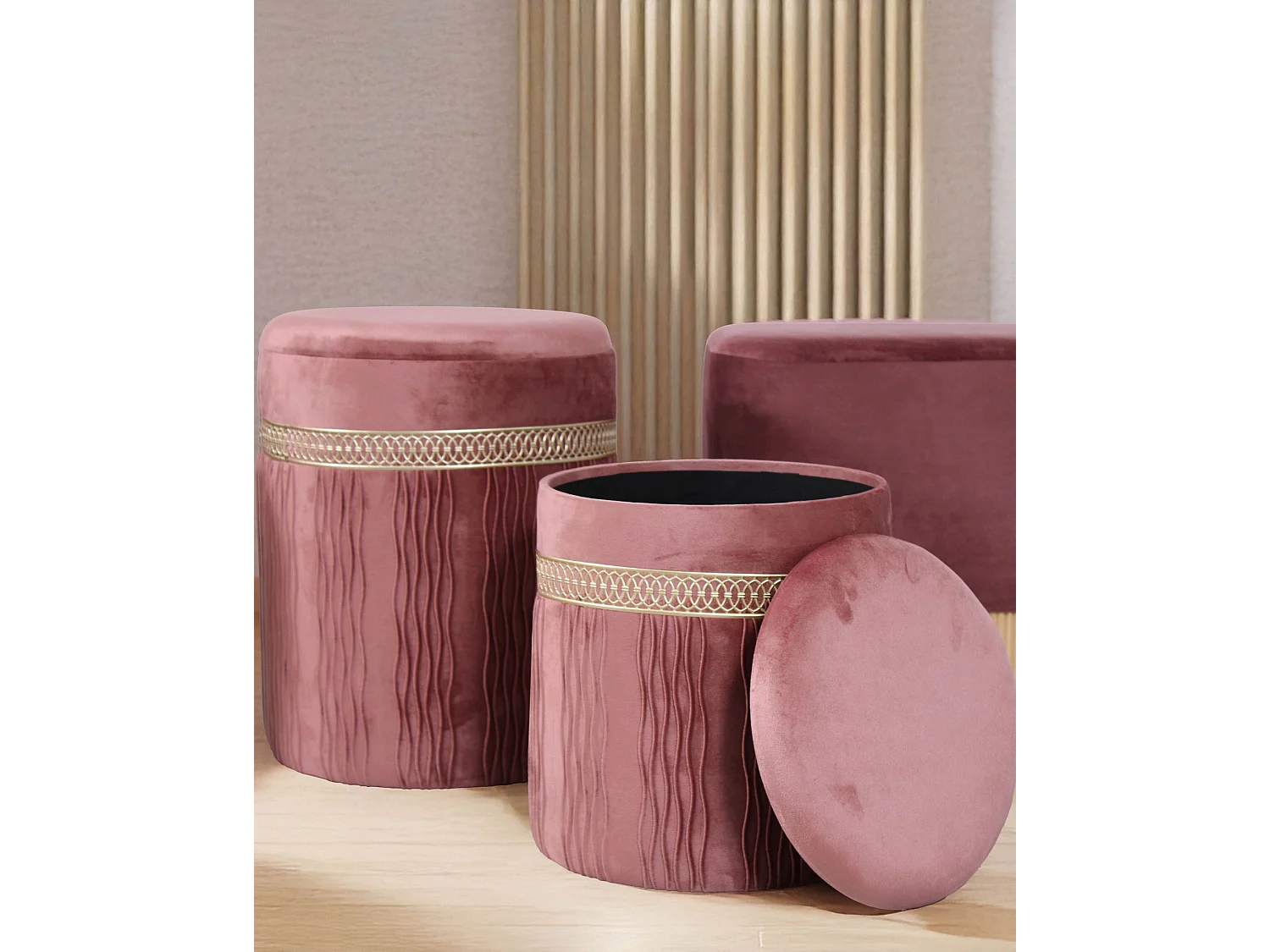 Set di 2 pouf contenitore in velluto rosa