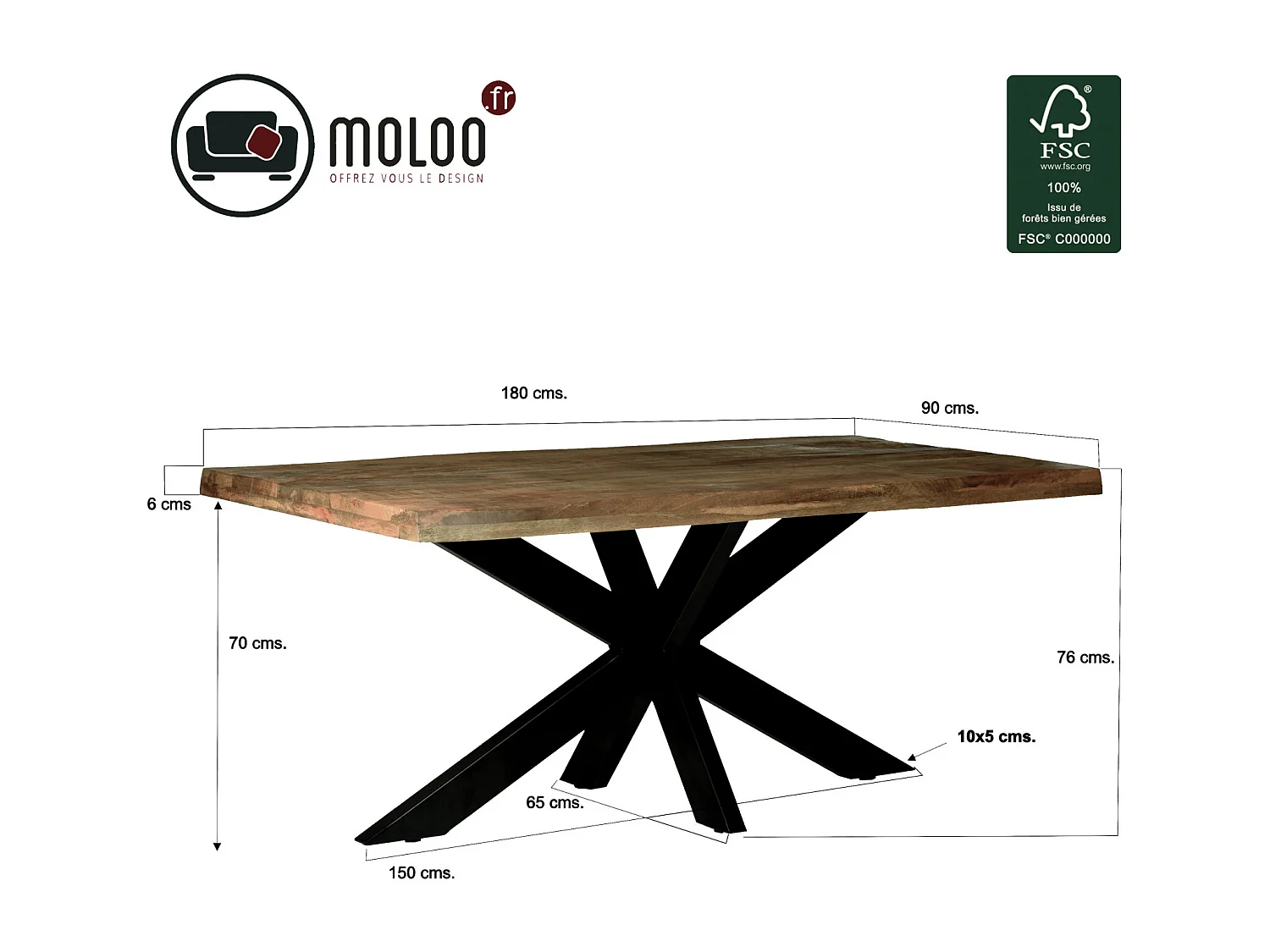 MANAUS-Mesa de comedor 6/8 personas 180 cm bordes sin tratar