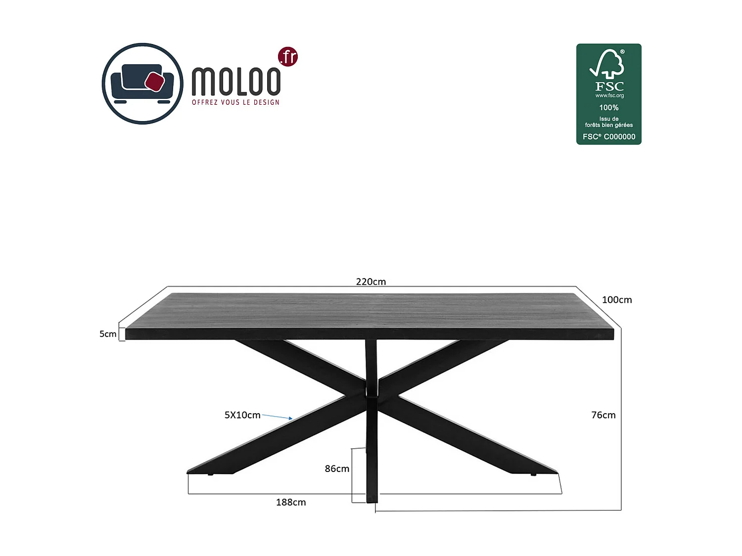 UZES-Mesa de comedor 8/10 personas 220cm madera maciza negra