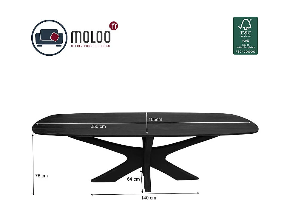 EPSY-Tavolo da pranzo ovale 10 persone 250 cm legno nero