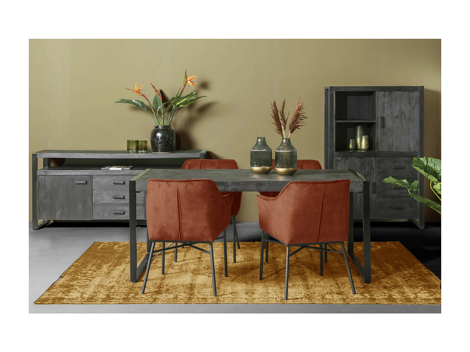 LUZ-Mesa de comedor 6 personas 160 cm en madera maciza negra