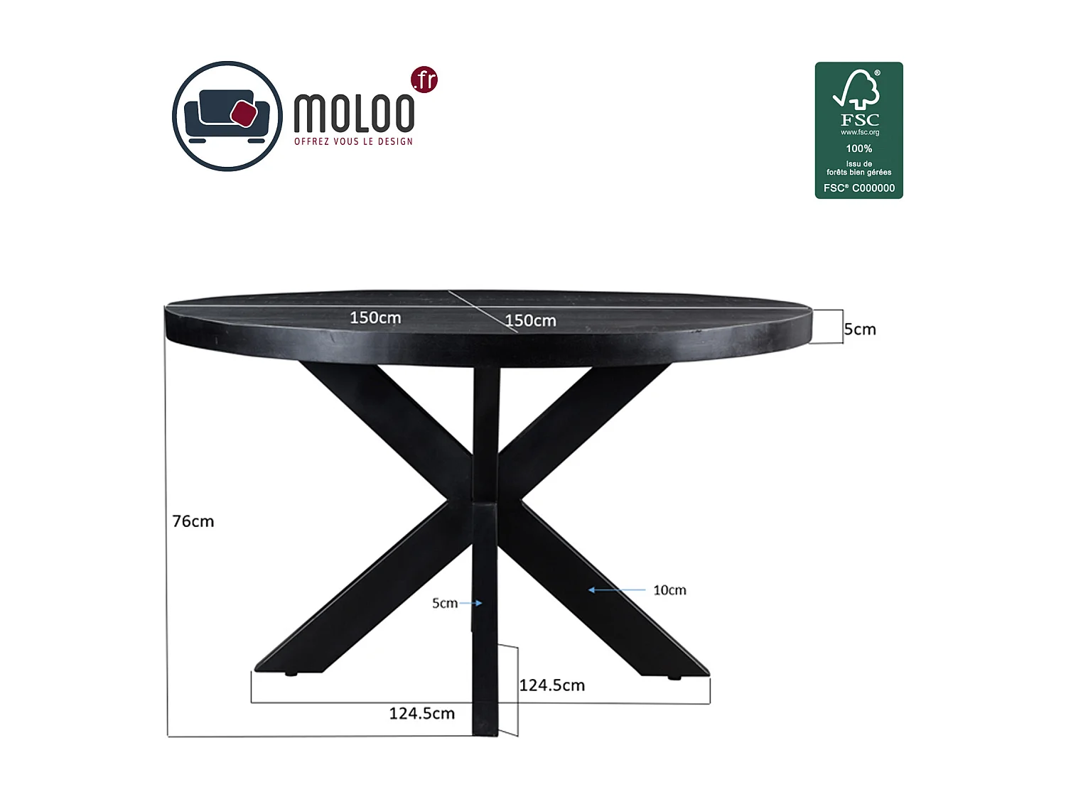 UZES-Table à manger 6/8 personnes 180 cm en bois massif noir