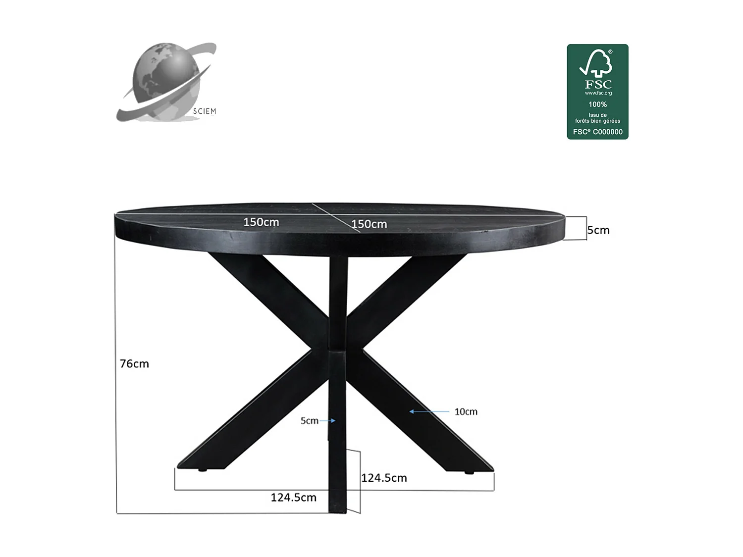 UZES-Table à manger ronde 6 personnes 150 cm en bois massif noir