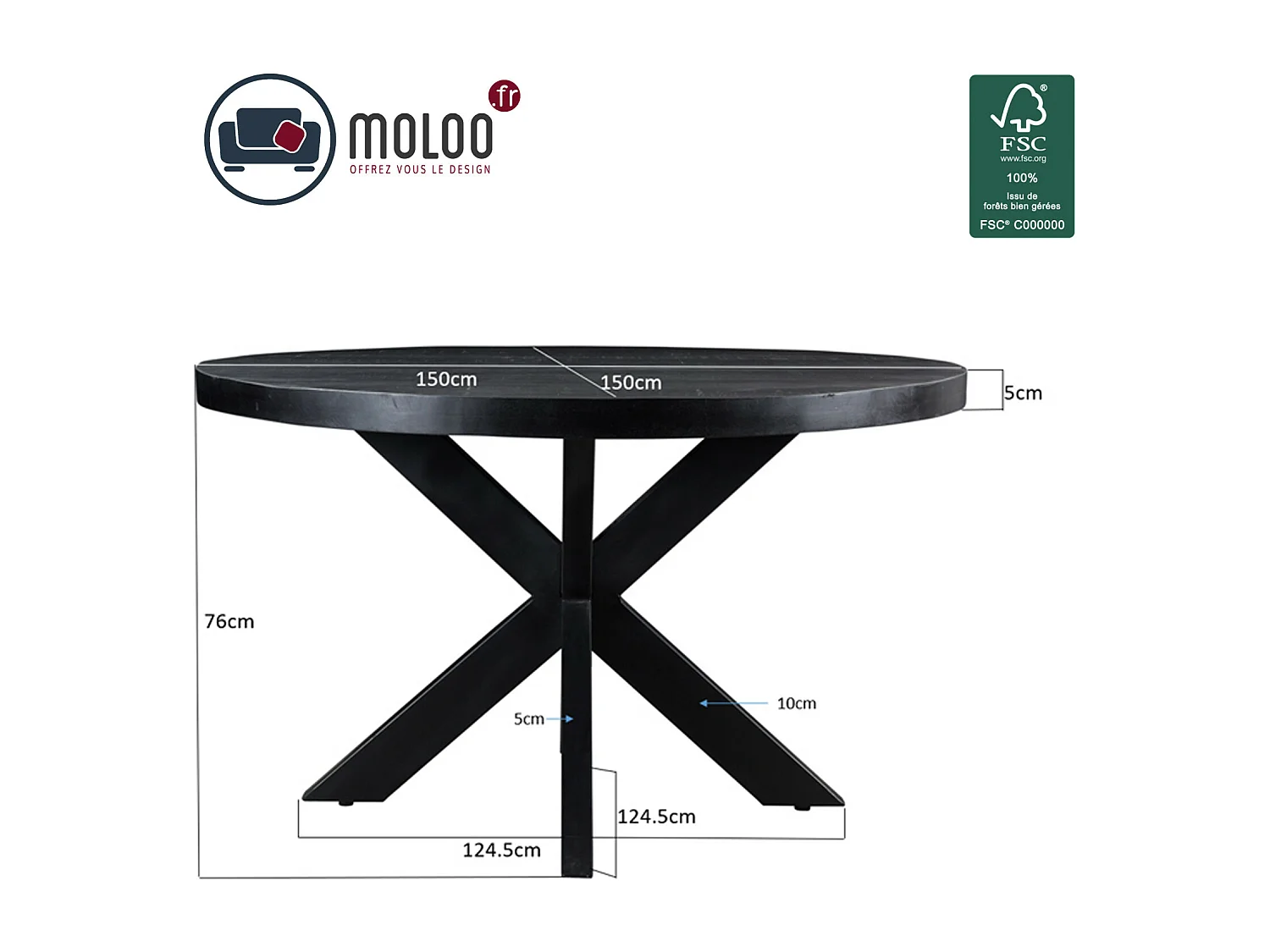 UZES-Mesa de comedor redonda 6 personas 150 cm madera negra
