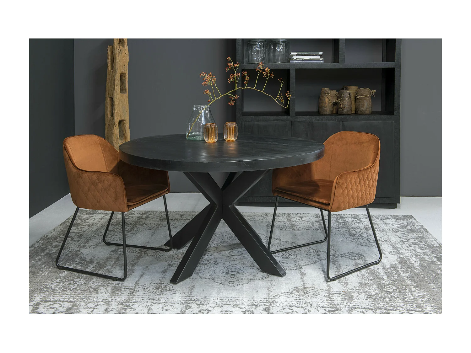 UZES-Table à manger ronde 4/ 6 personnes 130 cm en bois massif noir