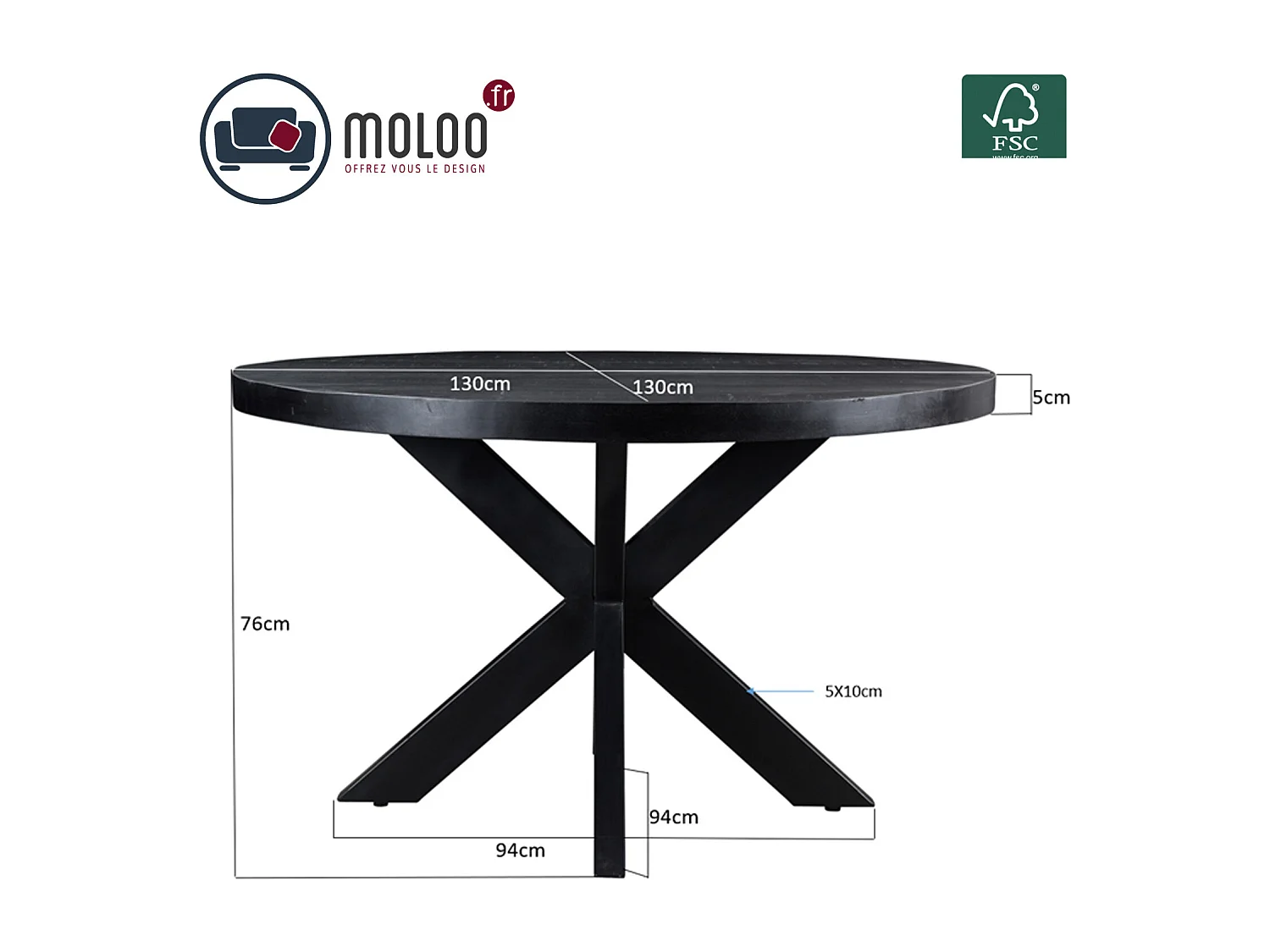 UZES-Table à manger ronde 4/ 6 personnes 130 cm en bois massif noir