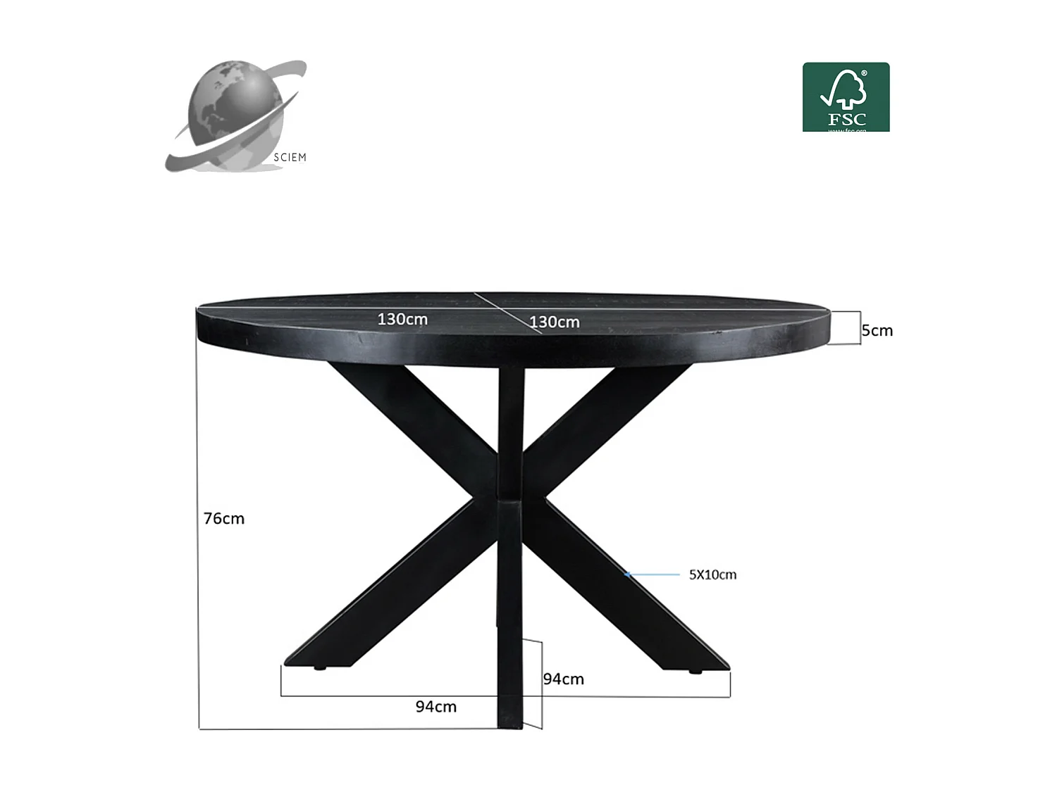 UZES-Table à manger ronde 4/ 6 personnes 130 cm en bois massif noir