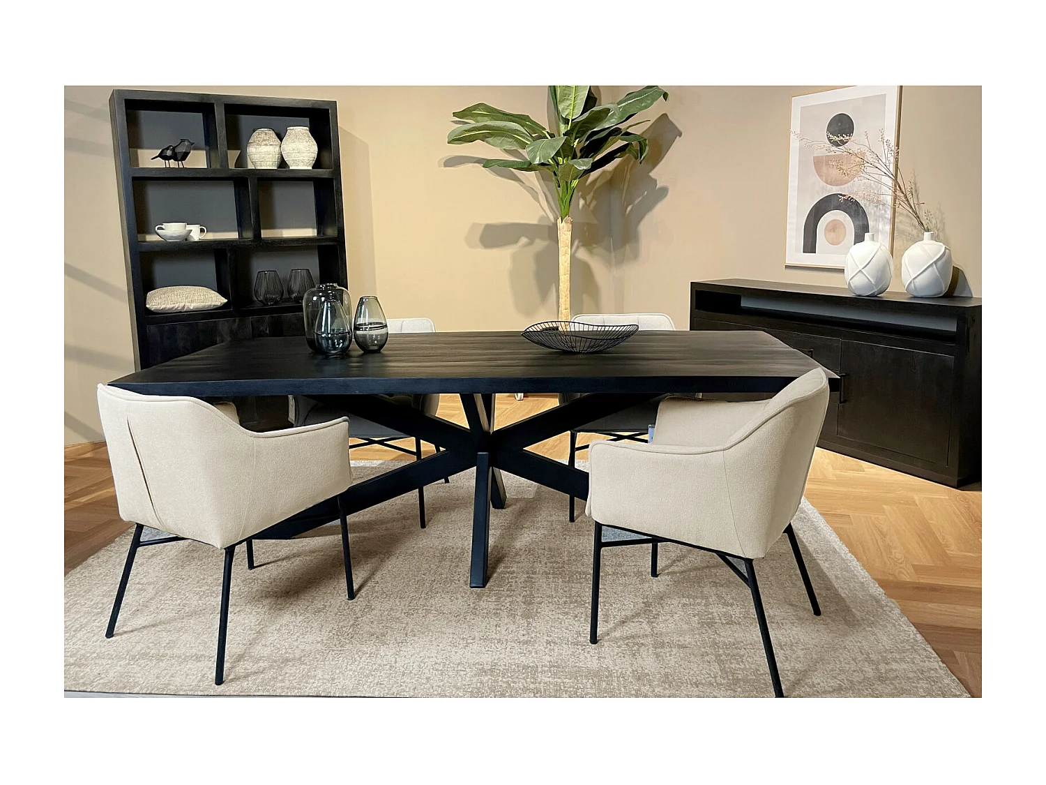 UZES-Mesa de comedor 8 personas 200 cm madera maciza negra