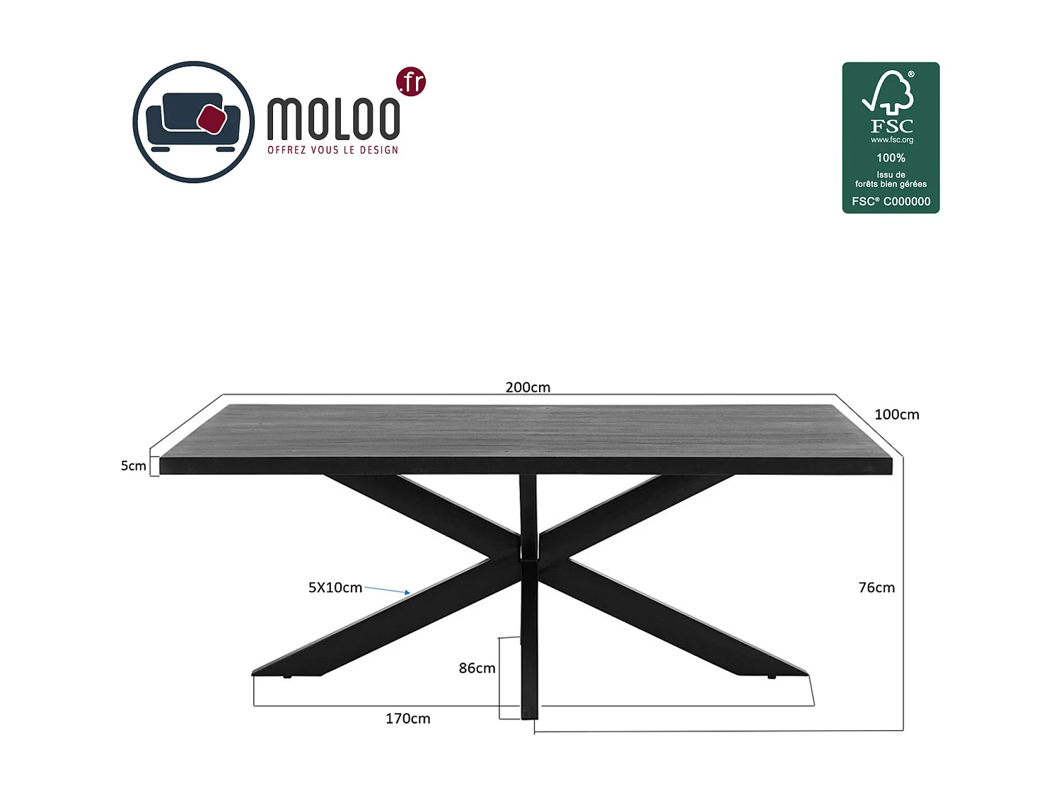 UZES-Mesa de comedor 8 personas 200 cm madera maciza negra