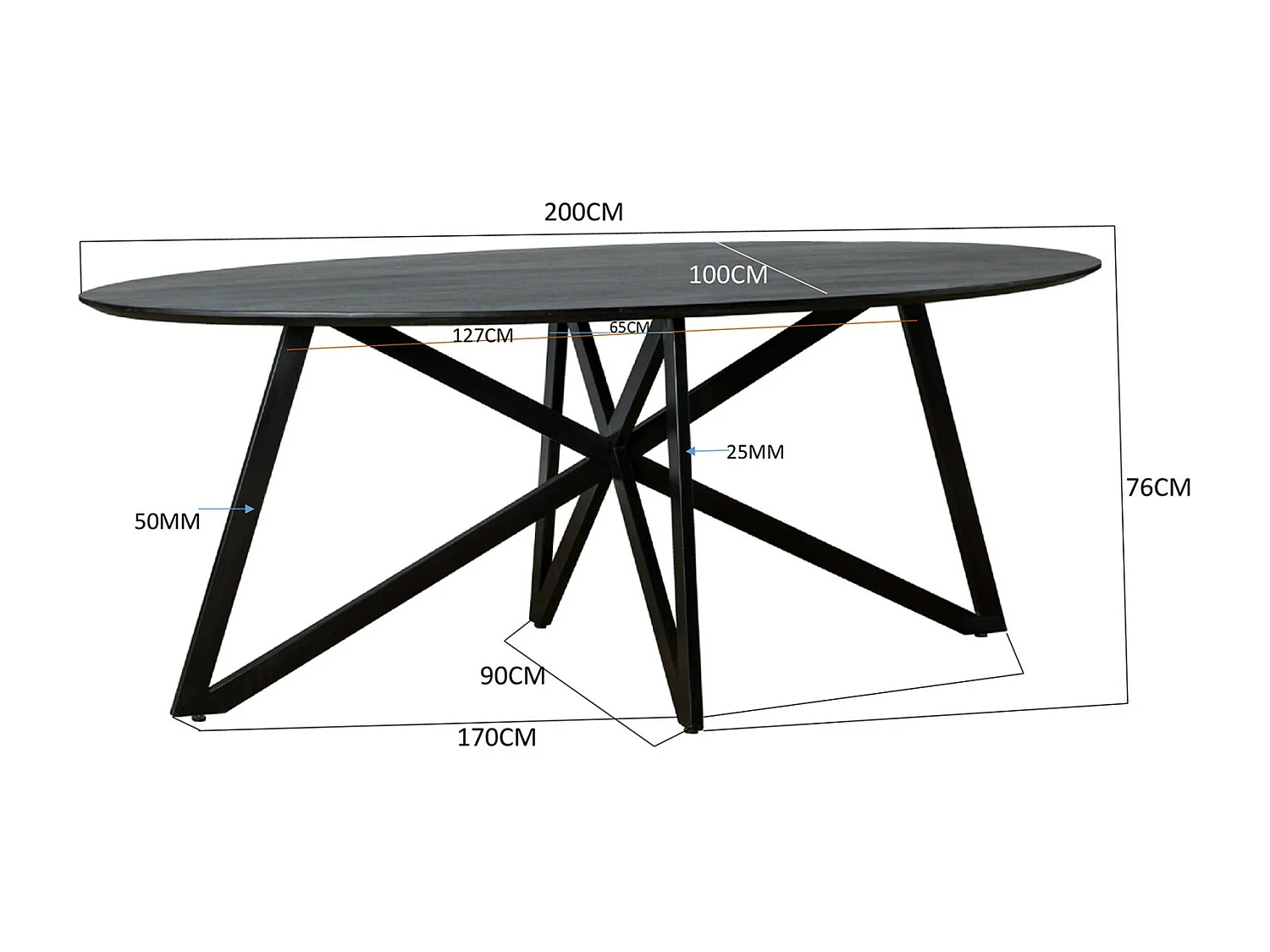 URBAN-Table à manger ovale 8 personnes 200 cm en bois massif noir