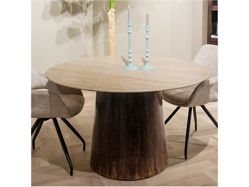 STONE-Table à manger Ronde 4 personnes D130 cm Travertin et bois brun
