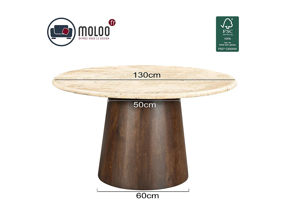 STONE-Table à manger Ronde 4 personnes D130 cm Travertin et bois brun