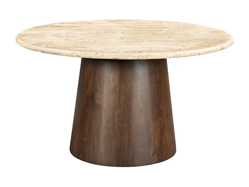 STONE-Table à manger Ronde 4 personnes D130 cm Travertin et bois brun