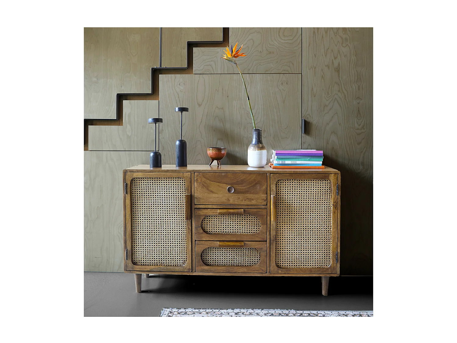 BAHIA-Aparador vintage 130 cm madera maciza y ratán natural