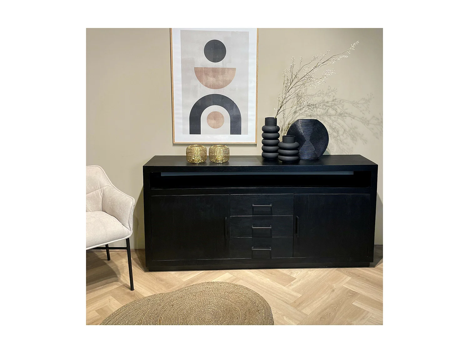 ANDUZ-Aparador de 180 cm en madera maciza negra