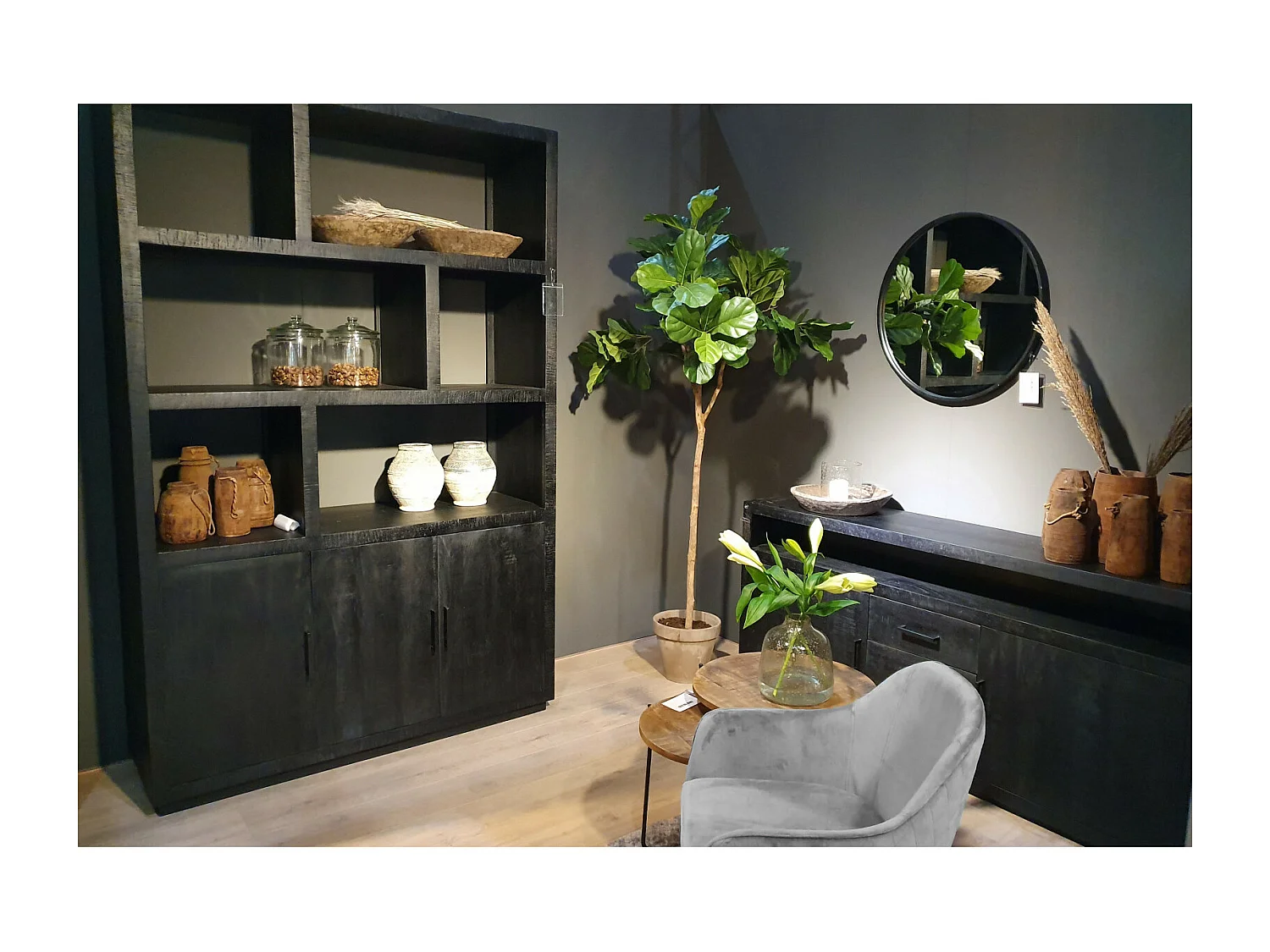 ANDUZ-Librería de madera maciza negra de 145 cm