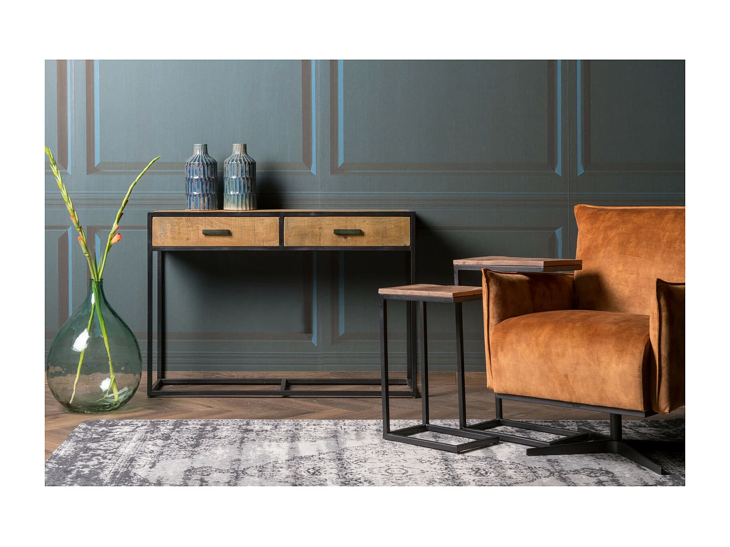 ANGLET-Consola de 2 cajones en madera maciza y metal.