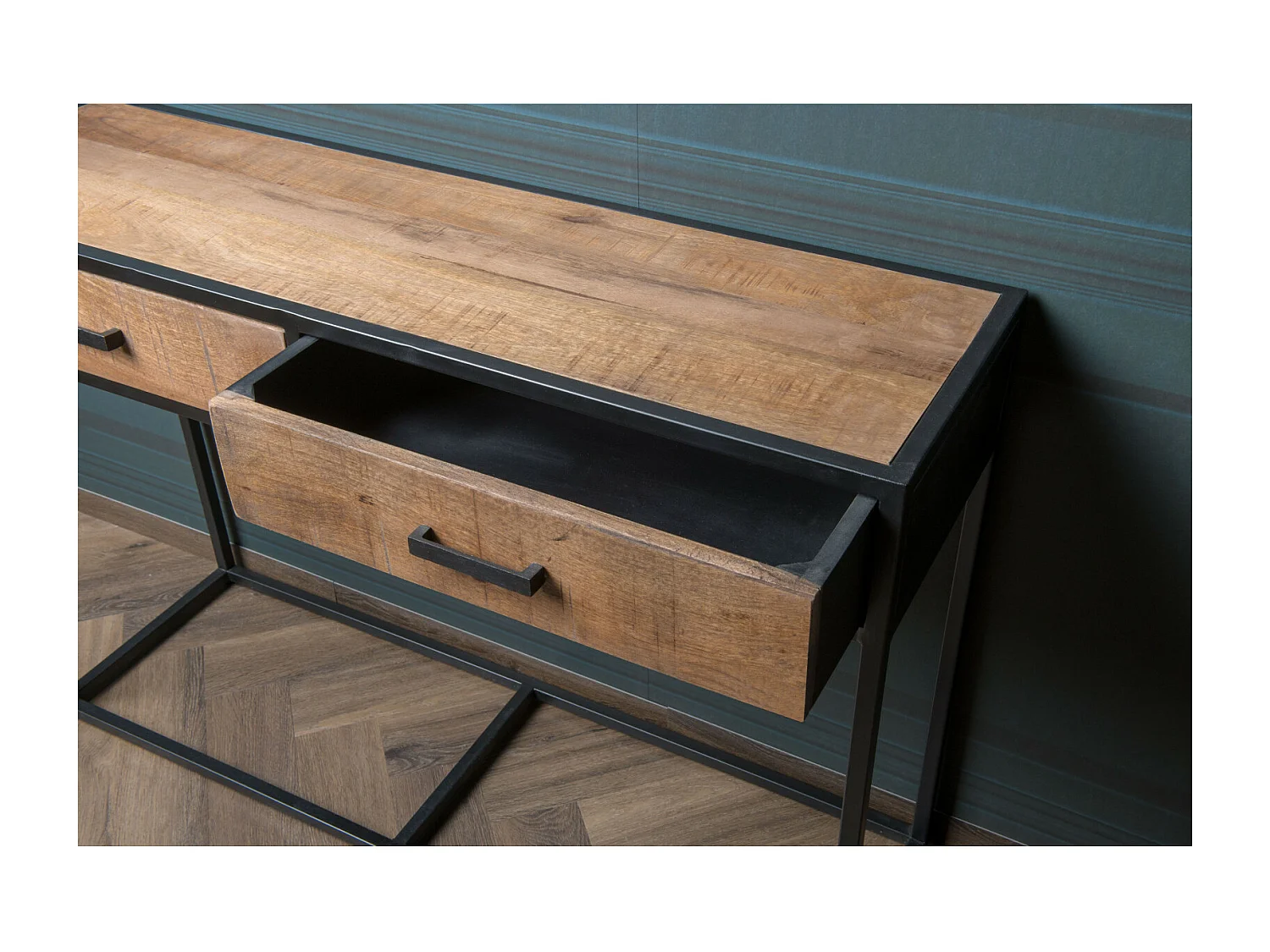 ANGLET-Consola de 2 cajones en madera maciza y metal.