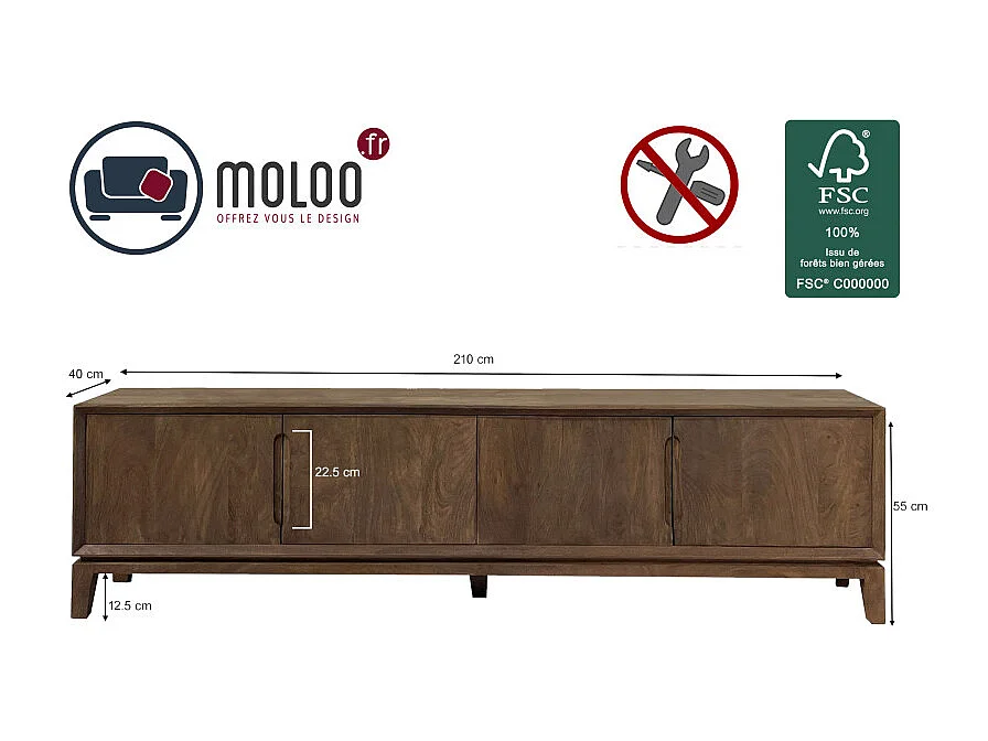 CORTE-Mobile porta TV da 210 cm in legno massello spazzolato