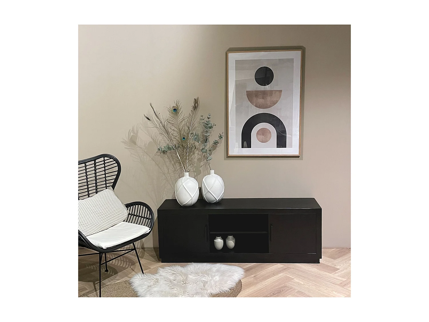 ANDUZ-Mueble de TV de 150 cm en madera maciza negra