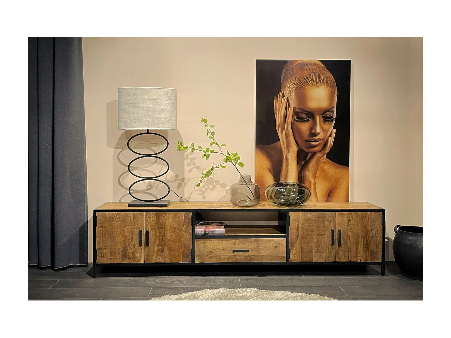 ANGLET-Meuble TV 220 cm en bois massif et métal