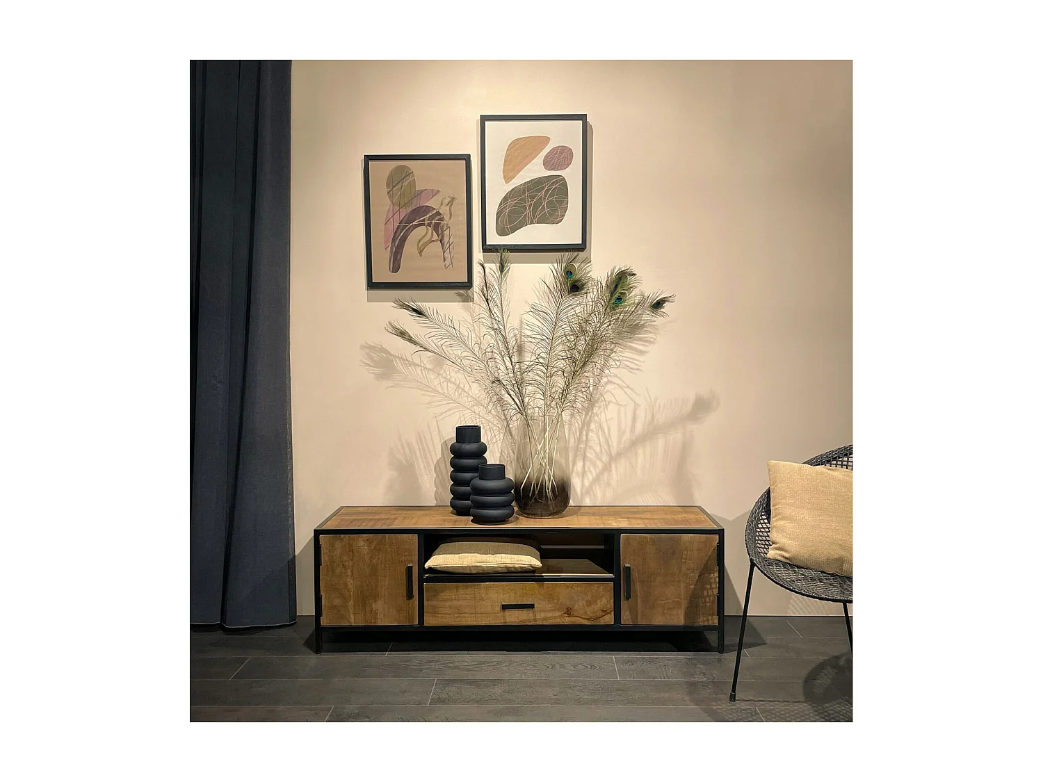 ANGLET-Meuble TV 165 cm en bois massif et métal