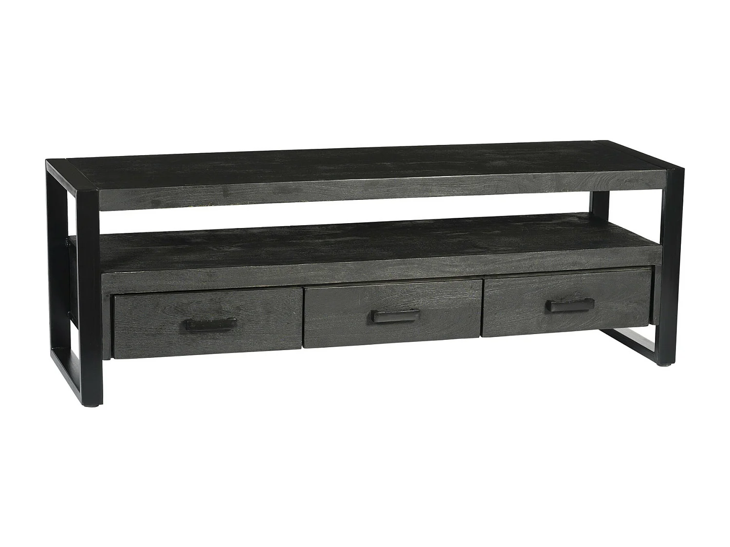 LUZ-Meuble TV 150 cm en bois massif noir et métal