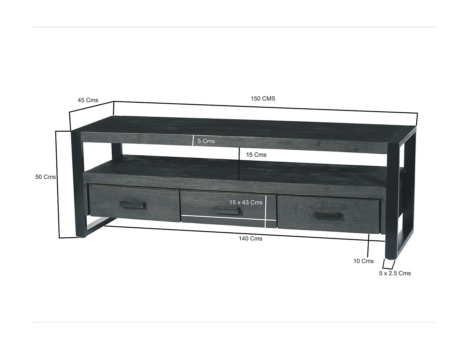 LUZ-Meuble TV 150 cm en bois massif noir et métal
