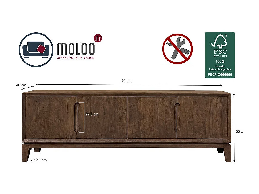 CORTE-Meuble TV 170 cm en bois massif brossé